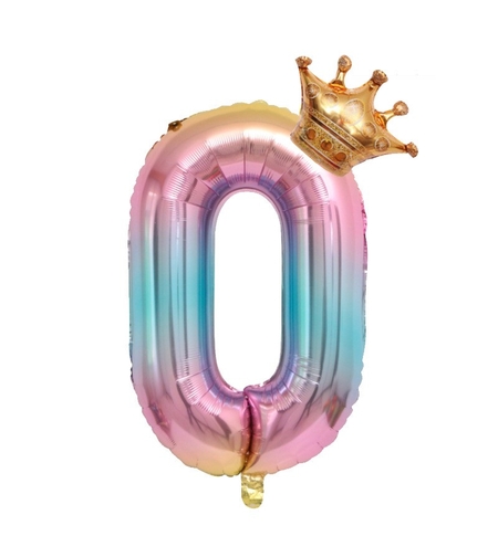 Balon din Folie Metalizata, Flippy, Figurina Cifra Gradient, Tema Aniversare 80 cm, Ambalaj Individual, Pai inclus, Umflare cu Aer sau Heliu, Coronita, Cifra 0