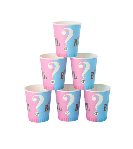 Set 10 Pahare Gender Reveal, Vafy, Girl or Boy, din Carton, 7 x 5 x 8.5 cm, 250 ml, Roz/Albastru