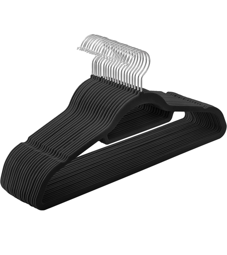 SONGMICS Set de 20 de umerase pentru haine, anti-alunecare cu catifea, bara de cravata si carlig pivotant, 43,5 cm, negru