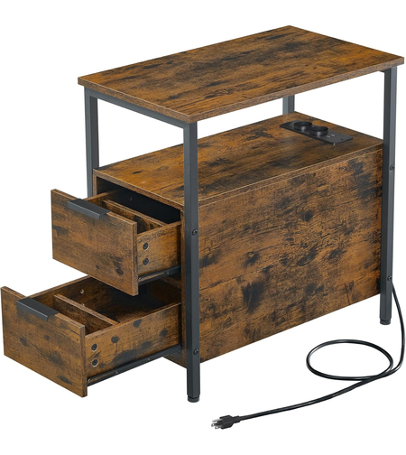 VASAGLE Noptiera 60x35x61 cm, cu 2 sertare, rafturi si priza incorporata, PAL si otel, maro rustic