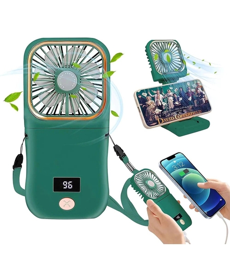 Ventilator Portabil Vafy, 3 in 1, de Mana, de Gat, de Birou, 16.7 x 8 x 1.9 cm, 3 Trepte de Viteza, Incarcare USB, Pliabil, Afisaj Digital, Suport Telefon, Verde