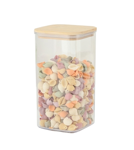 Cutie de Depozitare Alimente, Flippy, Cutie de tip Container, Cutie pentru Cereale, din Plastic, Capac din Bambuc, 10 x 10 x 19 cm, Volum 1.2l, Transparent