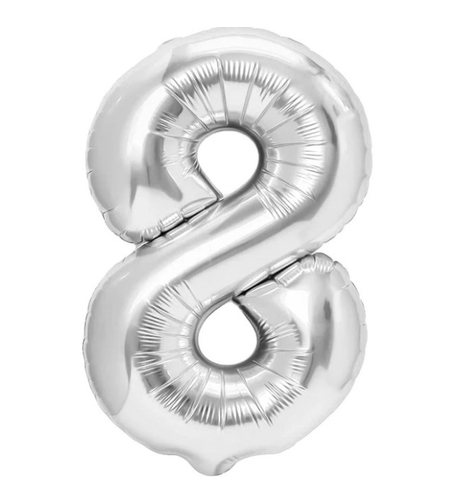 Balon din Folie Metalizata Flippy, Figurina Cifra, Tema Aniversare 40 cm, Ambalaj Individual, Pai inclus, Umflare cu Aer sau Heliu, Argintiu, Cifra 8