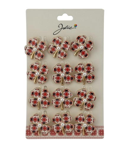 Set 12 Brose Martisor Primavara, Jolie, Model Trifoi Traditional cu Perla, Rosu