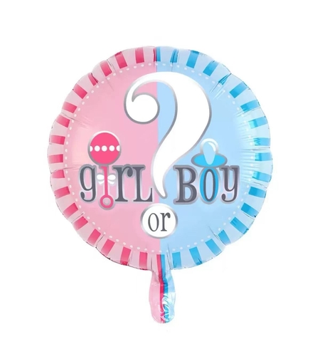 Balon din Folie Metalizata, Vafy, Figurina Rotunda, Model Girl or Boy, Tema Gender Reveal, 45 cm, Ambalaj Individual, Pai Inclus, Umflare cu Aer sau Heliu, Albastru/Roz