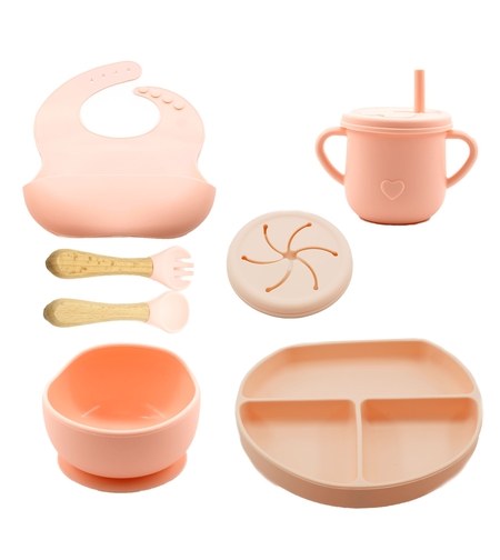 Set 8 piese diversificare bebelusi si copii din silicon Flippy, baveta, farfurie compartimentata cu ventuza, bol cu ventuza, tacamuri din lemn si silicon, cana pentru gustari, fara alergeni, roz