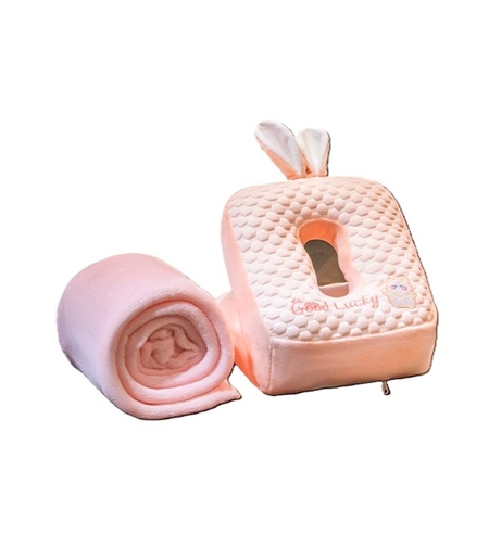 Set 2in1 Patura Microfibra si Perna din Spuma, Vafy, pentru Birou, Calatorii, Pauze, Model Iepuras, Microfibra, 1x1.7 m, 30x35x30 cm, Roz