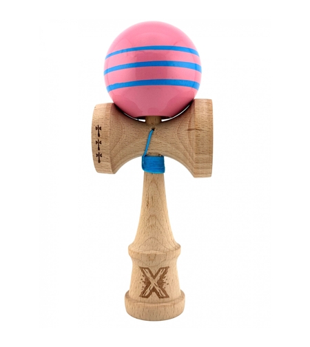 Kendama X Originala, Profesionala, Flippy, Big Cups V2, Super Sticky Legendary Cupe Mari, Rulment Metalic cu Ata 55 cm, Roz/Linii Albastre deschise