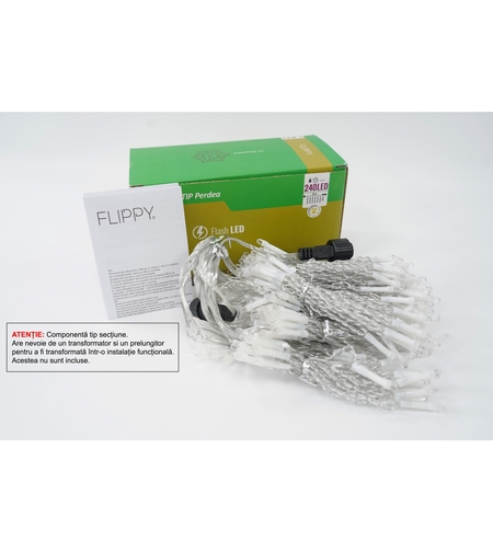 Sectiune Instalatie de Craciun Vafy, Tip Perdea, cu Flash ,2 X 2 m, 240 LED-uri, Interconectabila, Fir Transparent, Alb Cald