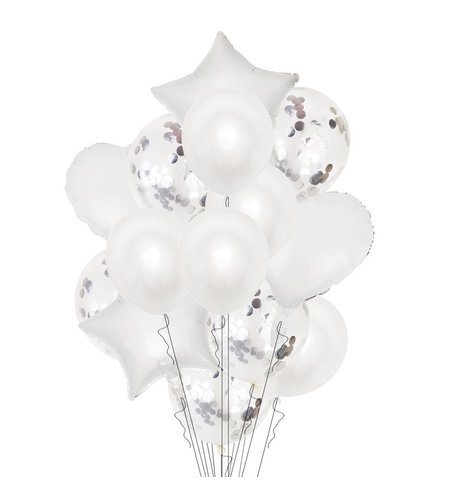 Set 14 Baloane din Folie Metalizată si din Latex, Flippy, Figurine Stea si Inima 45 cm, Baloane Latex 30 cm, Tema Buchet, Ambalaj Individual, Pai Inclus, Umflare cu Aer sau Heliu, Argintiu