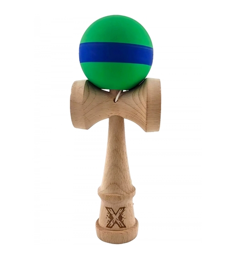Kendama X Originala, Profesionala, Flippy, 18 cm, din Lemn, Rubber Grip, Verde/Albastru