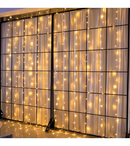 Instalatie Craciun, Tip Perdea, 1 m x 1 m, 60 LED-uri, Alb cald, IP44, 31V, telecomanda, 8 jocuri de lumini, Interconectabila, Prelungitor 5 m inclus, Fir transparent, Interior/ Exterior, Vafy