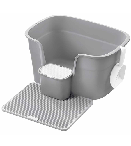 FEANDREA Litiera pisici XL cu pereti inalti, colector de nisip si cutie depozitare, 64x44x33 cm, gri