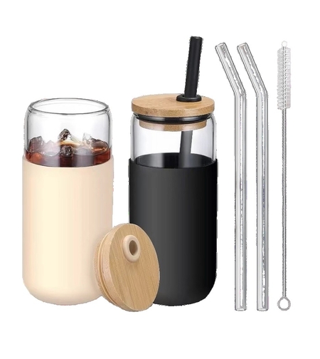 Set 2 Pahare din Sticla Termoizolante Transparente, Flippy, Capace si Paie Incluse, 500 mL, Silicon Negru si Crem