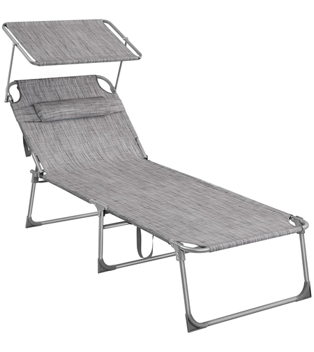 SONGMICS Sezlong pliabil, cu parasolar si tetiera, spatar reglabil in 4 pozitii, maxim 150kg, 200x71x38 cm, gri