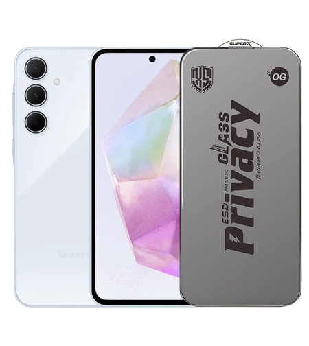 Folie de Protectie pentru Samsung Galaxy A35, Vafy, Sticla Securizata ESD Antistatica, Super-X Privacy OG, Margini Negre, 0.30 mm, Transparent Inchis