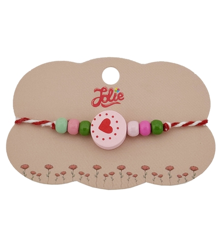 Bratara Martisor pentru Copii, Jolie, Pandativ Rotund Inima, cu Margele Multicolore, Snur Alb/Rosu, Roz deschis