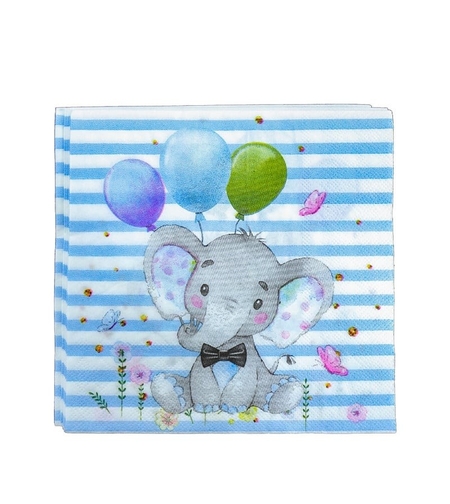 Set 20 de Servetele de Masa, Flippy, Imprimeu Elefant, din Hartie, 16.5 x 16.5 cm, Albastru