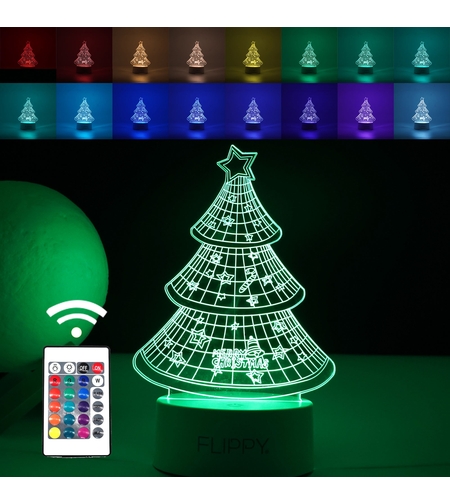 Lampa LED decorativa, Flippy, 3D, Pom de Craciun, din material acril si lumina multicolora, alb