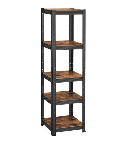 SONGMICS Etajera 5 rafturi ajustabile, structura metalica, stil industrial, MDF, 37x37x150 cm, maro si negru