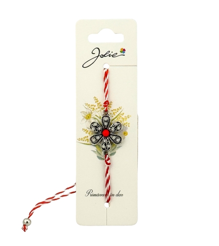 Martisor Bratara Snur Alb-Rosu, Jolie, Pandantiv Metalic, Model Floare
