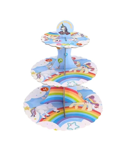 Etajera pentru Prajituri, Flippy, din Carton, 3 Nivele, 16/22/29 cm Diametru, Inaltime 38 cm, Tema Unicorni, Multicolor