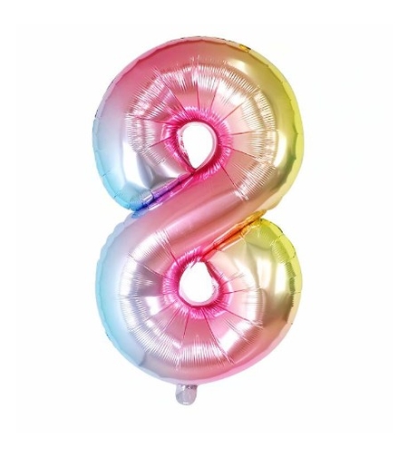 Balon din Folie Metalizata Flippy, Figurina Cifra, Tema Aniversare 40 cm, Ambalaj Individual, Pai inclus, Umflare cu Aer sau Heliu, Multicolor, Cifra 8
