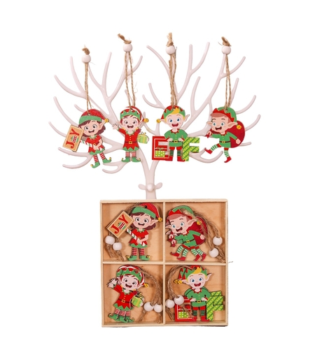 Set 12 Decoratiuni de Craciun din Lemn, Flippy, cu Snur pentru Agatare in Brad, Model Elfi Diferite Dimensiuni, 4 Modele, Multicolor