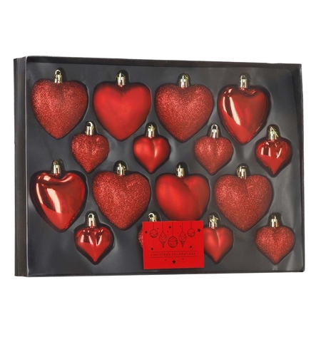 Set globuri decorative in forma de inima, 16 bucati, plastic, 4-7 cm, rosu