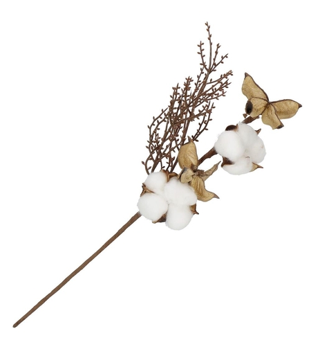 Ramura decorativa Craciun cu bumbac si plante uscate, 37 cm, alb/maro