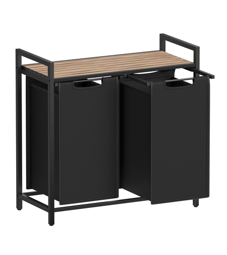 VASAGLE Cos de rufe, 2 compartimente, saci de rufe detasabili, raft, cadru metalic, 2x46L, 73x33x72 cm, maro si negru