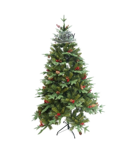 Brad Artificial de Craciun Bogat, Flippy, 1.80 m inaltime, 774 ramuri, Premium, Verde, Decorat cu 56 conuri pin rosii, Interior/ Exterior