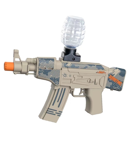 Mitraliera de jucarie electrica Flippy cu bile de hidrogen de gel, gun bluster, tragere in rafala, varsta peste 6 ani, ochelari de protectie, 5000 de bile incluse, cablu de incarcare, 28x31 cm, AK47, crem