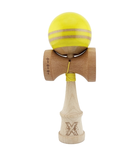 Kendama X Rainbow Originala, Profesionala, Flippy, Big Cups V2, Super Sticky cu Cupe Mari, Rulment Metalic, din lemn 18 cm, Ata 55 cm, Galben/Maro