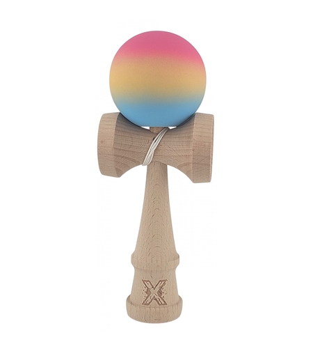 Kendama X Originala, Profesionala, Flippy, din Lemn, Rubber Grip, 18 cm, Roz/Galben/Albastru