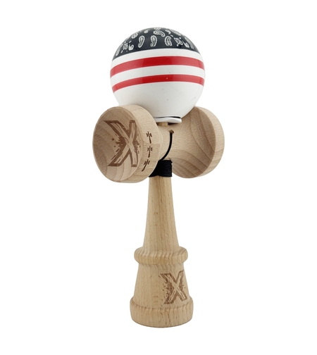 Kendama X Originala CHICANOS, Profesionala, Flippy, Cupe Mari KING SIZE V3, Super Sticky, Gaura in Baza, Rulment Metalic, din lemn 18 cm, Ata 62/65 cm, Negru/Alb
