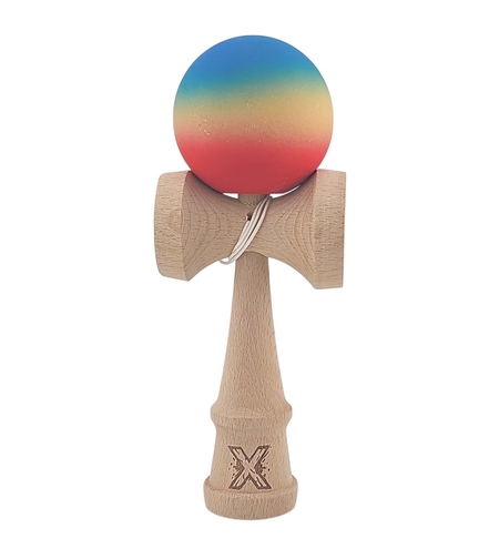 Kendama X Originala, Profesionala, Flippy, din Lemn, Rubber Grip, 18 cm, Rosu/Galben/Albastru
