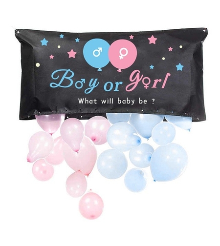 Set Gender Reveal, Vafy, Balloon Drop Bag, din Plastic si Latex, 24 Baloane Roz si Albastru 13 cm, Sac pentru Baloane 60 x 120 cm, Multicolor