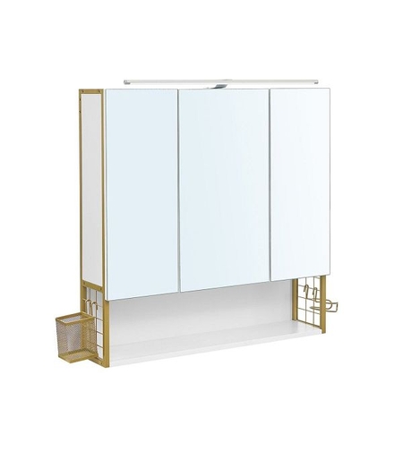 VASAGLE Dulap de baie de perete, 3 usi cu oglinda, compartiment deschis, 15x70x70 cm, alb auriu