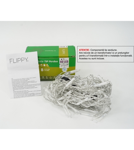 Sectiune Instalatie de Craciun Vafy Tip Perdea, 8 jocuri de lumini, 1x1 m, 60 LED-uri, Interconectabila, Fir Transparent, Alb Rece