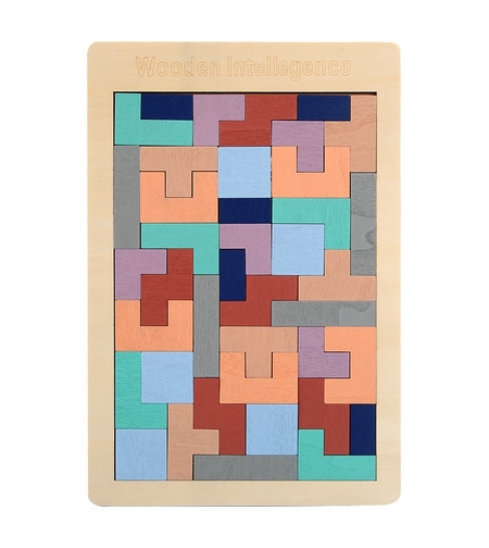 Puzzle Montessori, Flippy, din Lemn, Tip Tetris, +36 Luni, Forme Neregulate, 40 Piese, 26.5 x 17.7 cm, Multicolor Pastelat