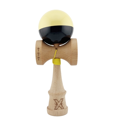 Kendama X Originala, Profesionala, Flippy, Big Cups V2, Super Sticky cu Cupe Mari, Rulment Metalic, din lemn 18 cm, Ata 55 cm, Galben/Negru