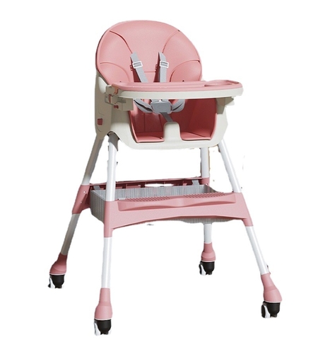 Scaun de Masa pentru Bebelusi si Copii, Flippy, cu Roti, Telescopic, Pliabil, Masuta Reglabila, Suport Picioare, Scaun cu Invelis Piele Artificiala, Centura Siguranta, Spatiu Depozitare, 97x73x65 cm, Roz