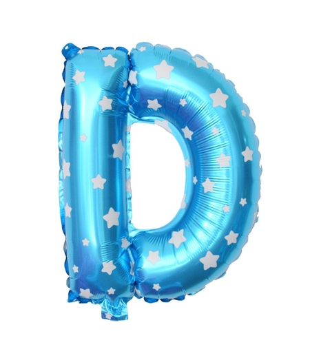 Balon Folie Metalizata Litera D, Flippy, 40 cm, Cu Imprimeu Stelute, Umflati cu Heliu sau Aer, Ambalaj Individual, Pai inclus, Albastru