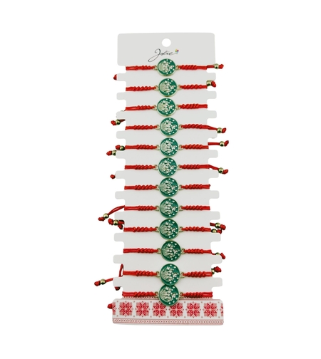 Martisor Bratara pentru Dama si Copii, Jolie, Model Lacramioare de Primavara, Set 12 bucati, Pandantiv Emailat Rotund, Snur Reglabil, Rosu/Verde