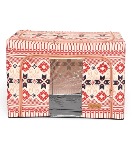 Cutie de Depozitare Pliabila, Flippy, 66 L din Bumbac si In, 52 x 42 x 39 cm, Fereastra Frontala, 2 Usi de Acces cu Fermoar Bidirectional, Cadru Metalic, Suport Baza Stabil din Plastic, Motiv Traditional Model 5