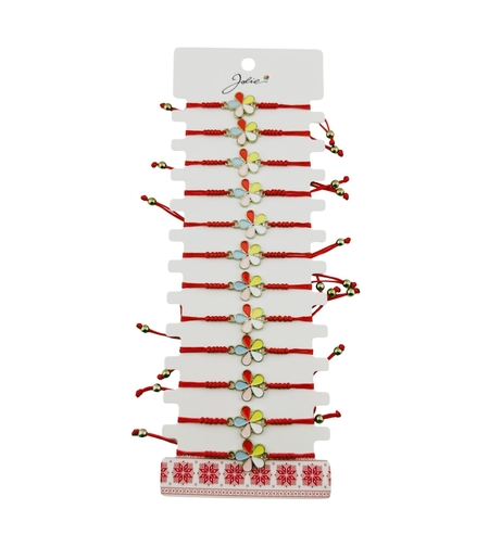 Martisor Bratara pentru Dama si Copii, Jolie, Model Floare Multicolora, Set 12 bucati, Pandantiv Emailat, Snur Reglabil, Rosu