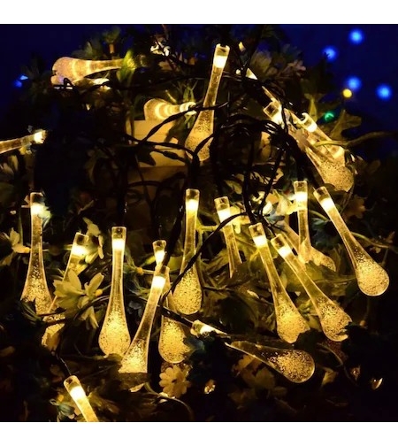 Instalatie Craciun, Tip Picaturi de apa, 20 Led-uri, 5 metri, Alb cald, Energie solara, Senzor de lumina, Flippy