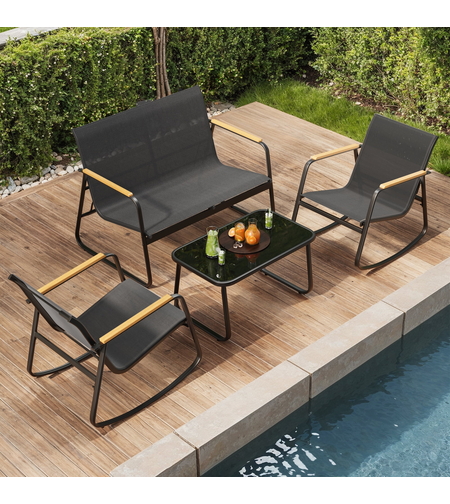 SONGMICS Set mobilier gradina 4 locuri, 2 scaune balansoar, canapea si masa, cadru metalic, negru