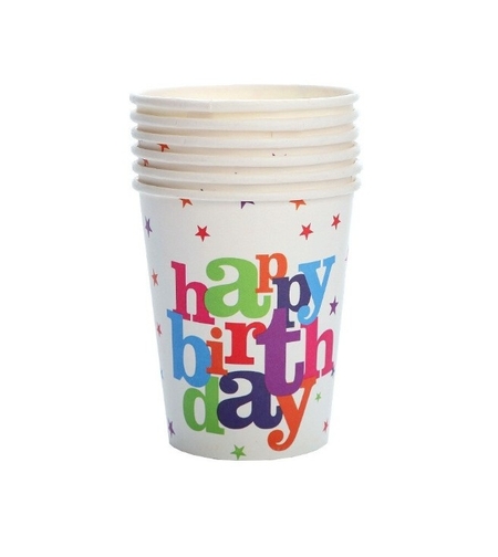 Set 6 Pahare, Flippy, Imprimeu Happy Birthday, din Carton, 7.5 x 7.8 cm, Multicolor